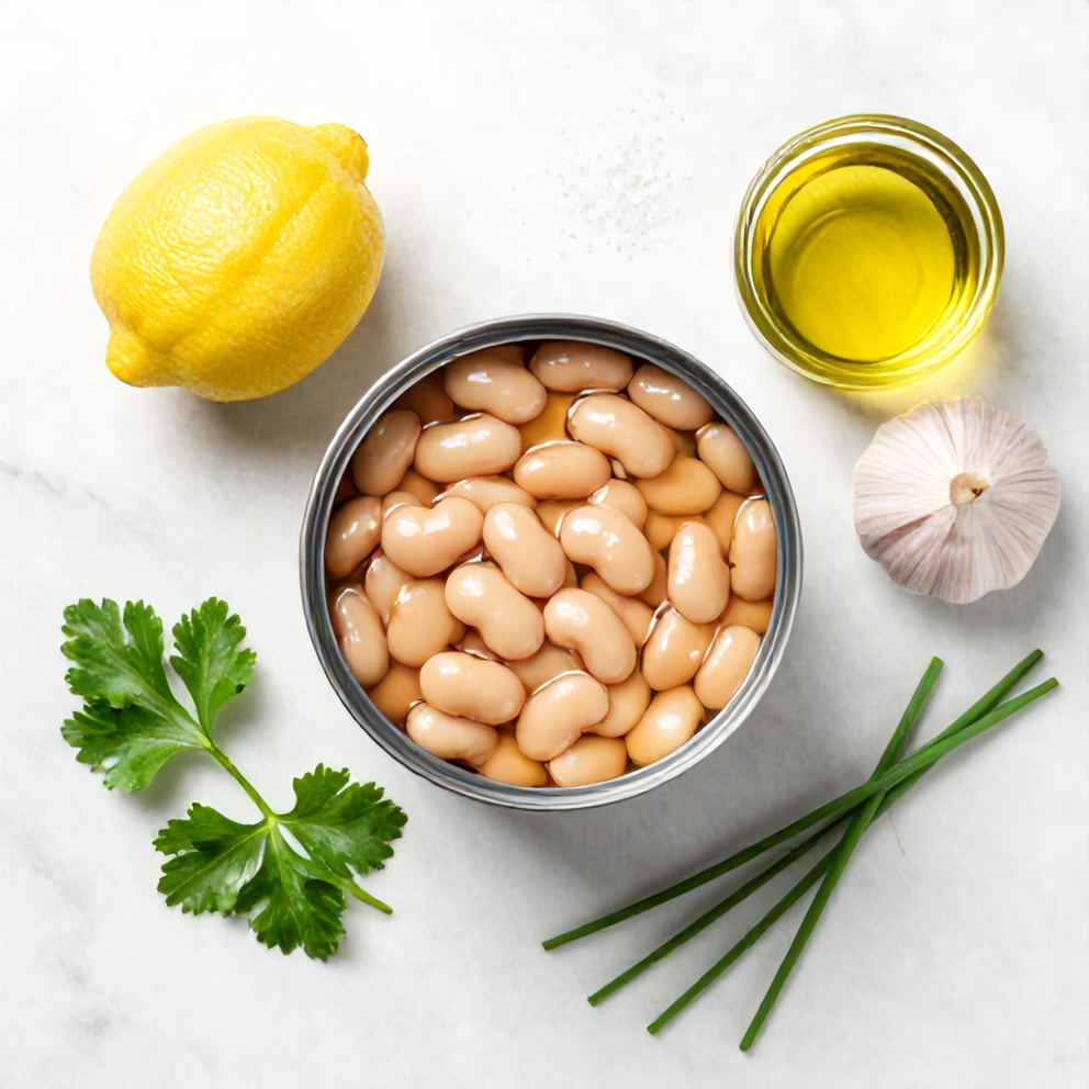 Overhead flat lay of canned white beans, lemon, garlic, olive oil, salt, and fresh herbs like parsley and chives arranged on a white marble surface.