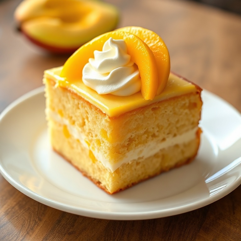 A perfectly plated slice of creamy mango tres leches cake topped with fresh mango slices and whipped cream
