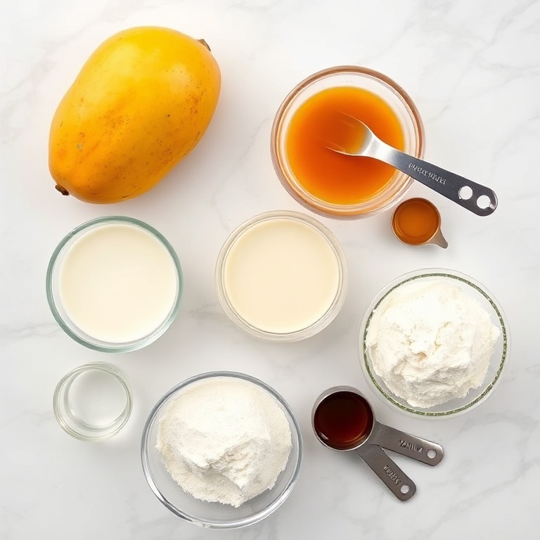 Fresh mango, heavy cream, sweetened condensed milk, all-purpose flour, and vanilla extract arranged in a clean flat lay