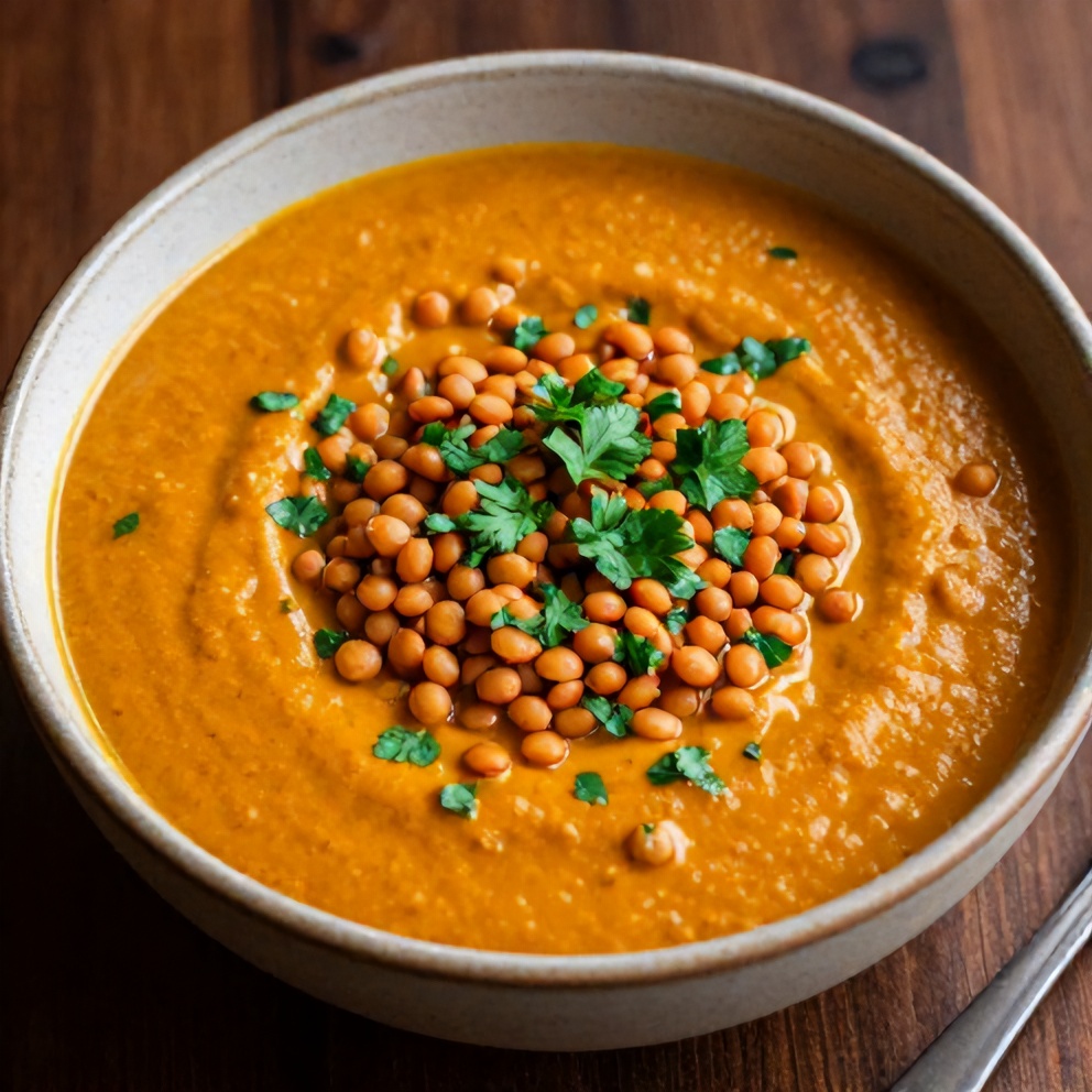 One perfect serving of Creamy Moroccan Harissa Lentil Soup plated in a bowl, garnished with fresh parsley, and lit by warm side lighting
