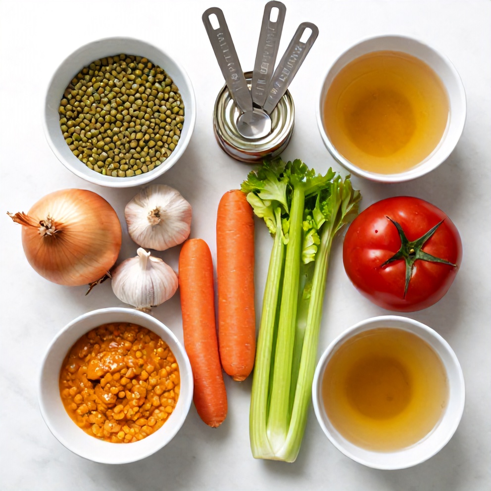Raw ingredients for Creamy Moroccan Harissa Lentil Soup arranged in an overhead flat lay, including lentils, vegetables, and spices