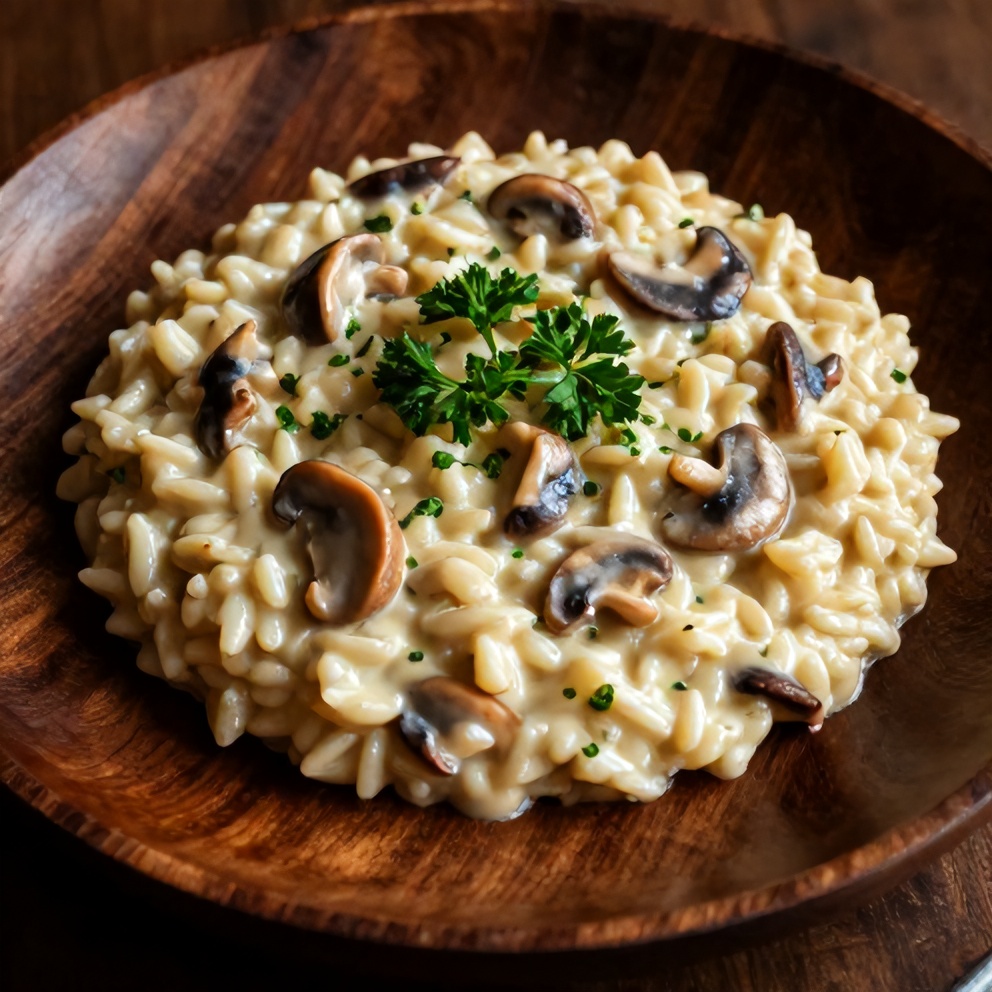 Plated serving of Creamy Mushroom Risotto, garnished with fresh parsley