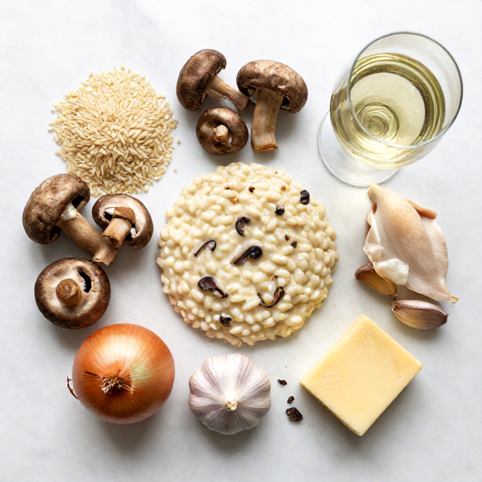 Raw ingredients for Creamy Mushroom Risotto: Arborio rice, mushrooms, onion, garlic, Parmesan, butter, white wine, chicken broth