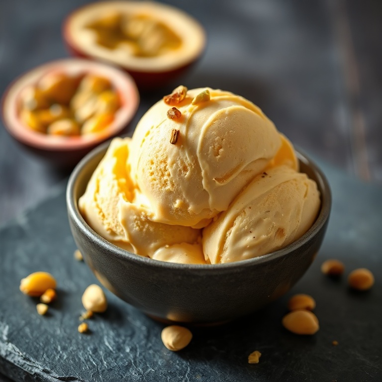 Finished cream passionfruit ice cream scoop