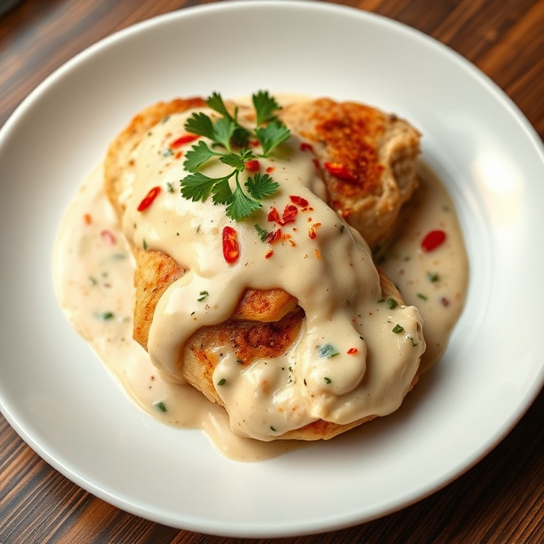 Plated chicken with creamy sauce, fresh parsley, and chili flakes. White ceramic plate. Warm lighting. Close crop. Photorealistic