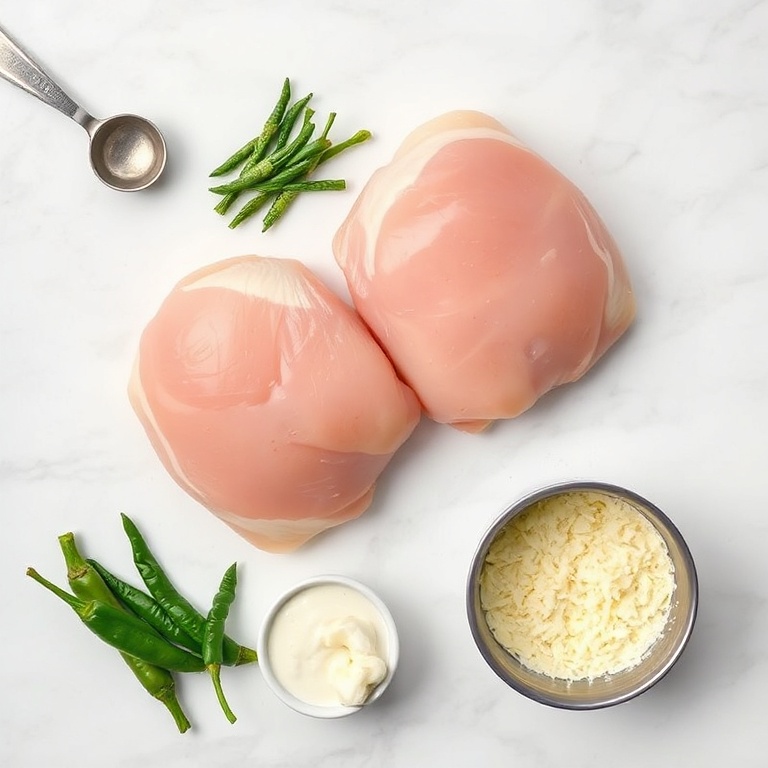 Raw chicken thighs, pepperoncini peppers, garlic, heavy cream, and Parmesan. Measuring spoons and bowls. White marble surface. Bright even light. Photorealistic