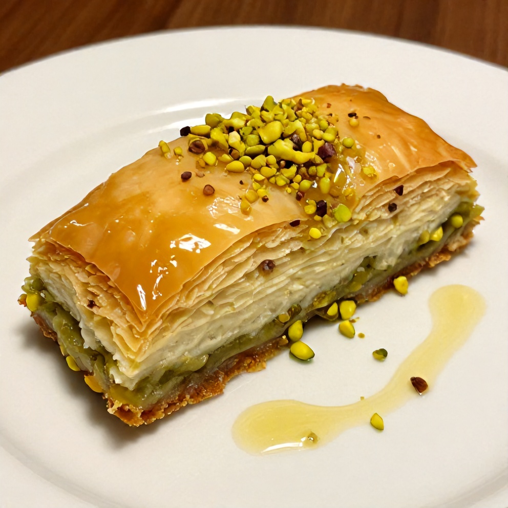 One perfect plated serving of the finished Pistachio Baklava Cheesecake on a white plate, garnished with chopped pistachios and a drizzle of honey syrup. Close crop, warm side lighting showing the texture. Photorealistic food photography.