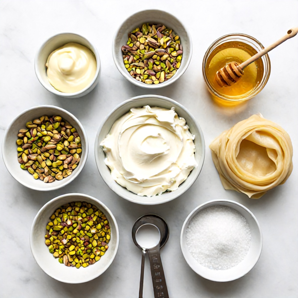 Overhead flat lay of the raw ingredients for the Pistachio Baklava Cheesecake Recipe. Prominent ingredients include cream cheese, pistachios, phyllo dough, honey, and sugar. Prep bowls and measuring spoons visible. White marble surface. Bright even light. Photorealistic overhead food photography.
