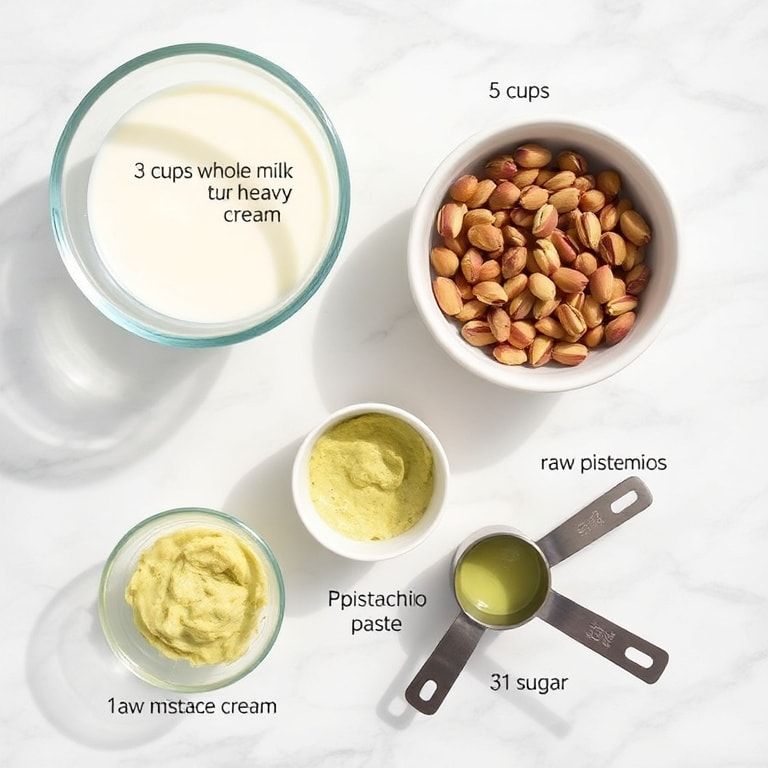 Raw ingredients for creamy pistachio pudding ice cream