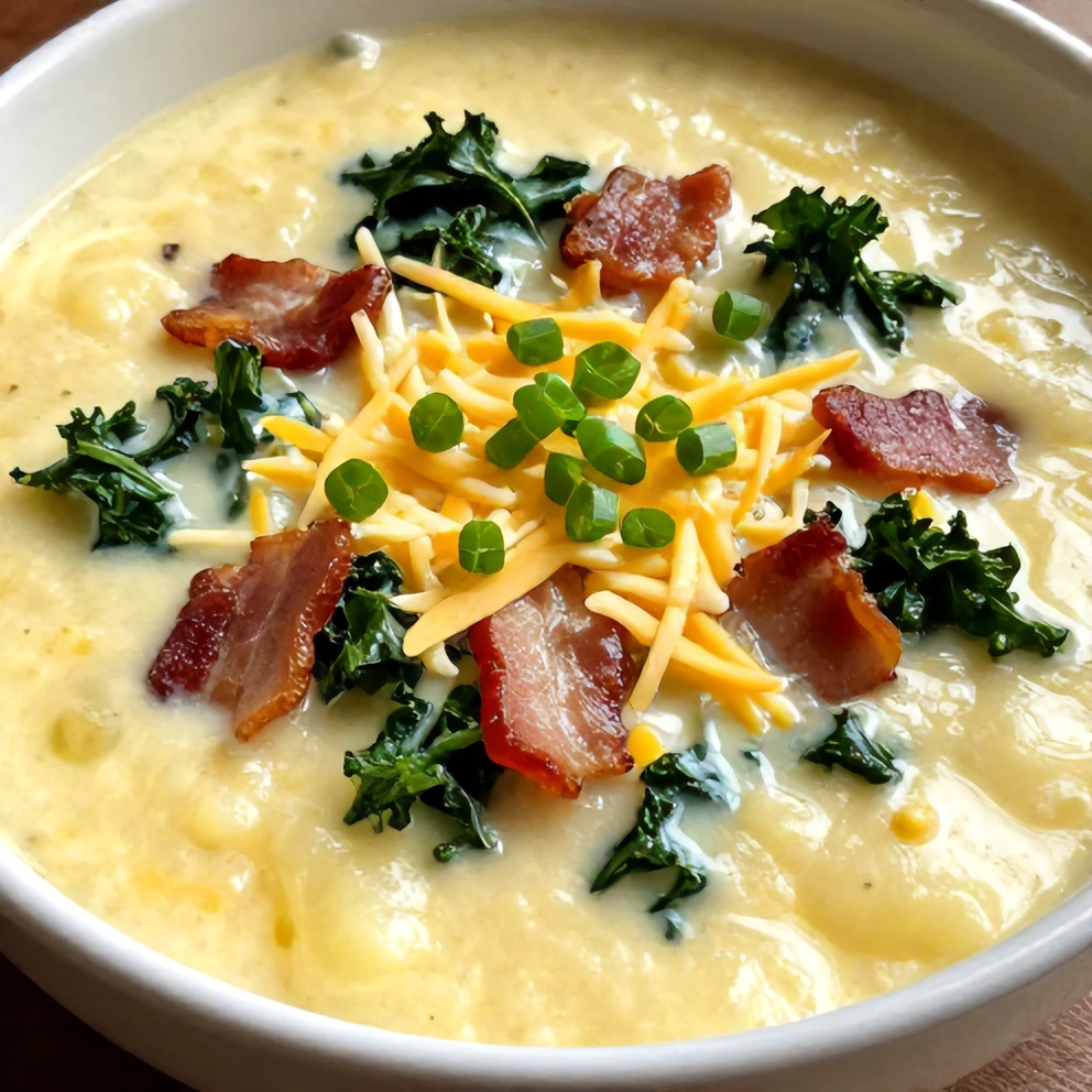 Bowl of Creamy Potato Soup with Bacon and Kale