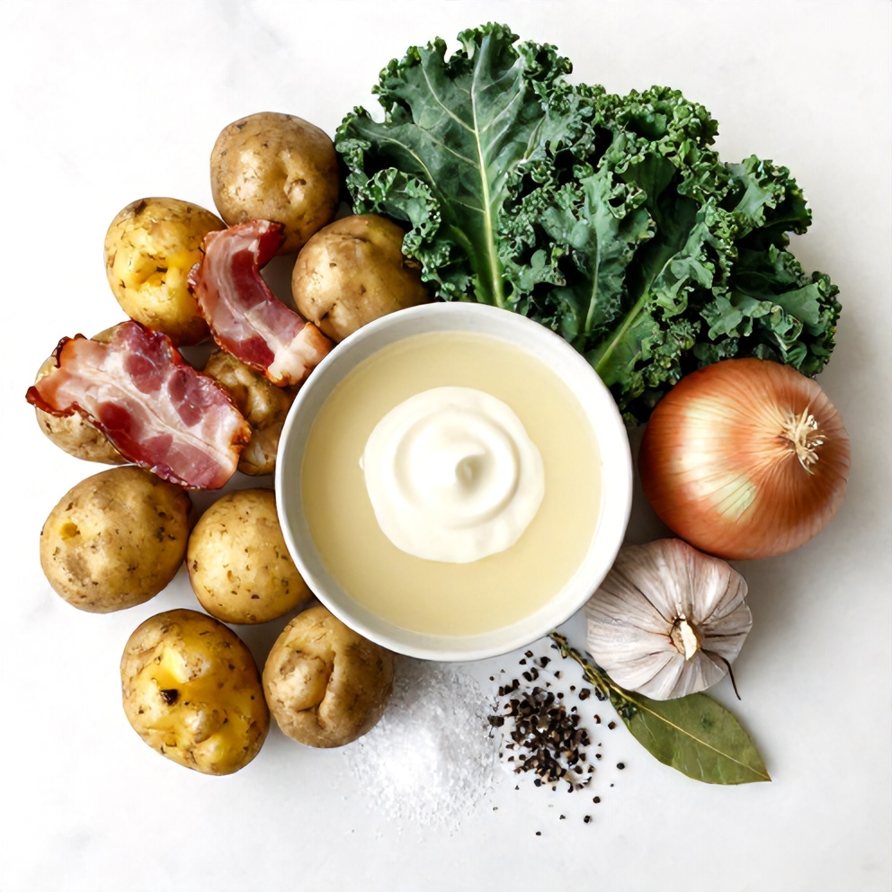 Raw Ingredients for Creamy Potato Soup with Bacon and Kale