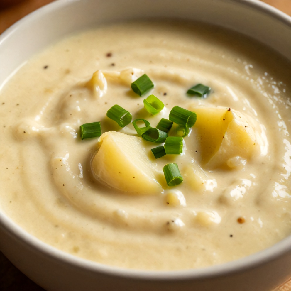 Bowl of Creamy Spicy Cajun Potato Soup garnished with green onions, close crop, warm side lighting highlighting texture