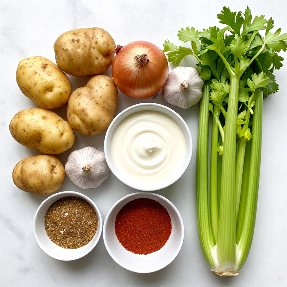 Raw ingredients for Cajun Potato Soup arranged in an overhead flat lay, small prep bowls and measuring spoons visible, white marble surface, bright even light