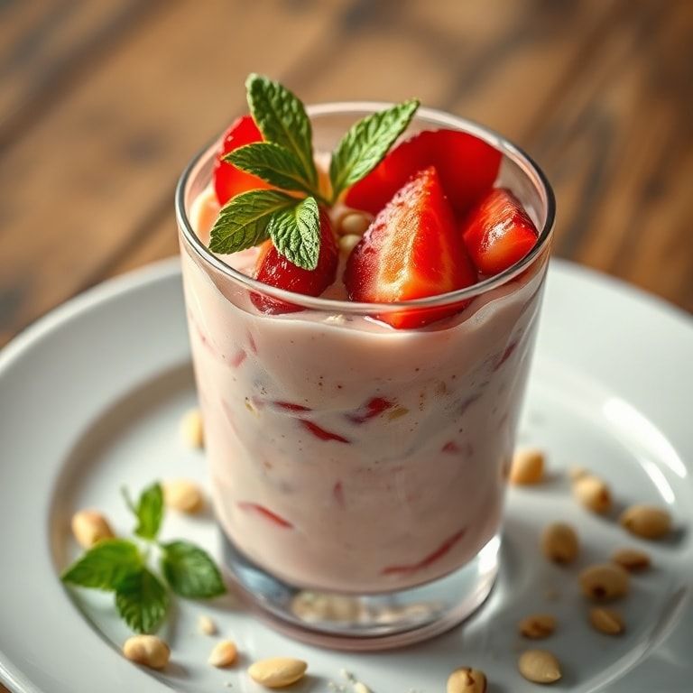 Finished cocktail with shaved strawberries and mint