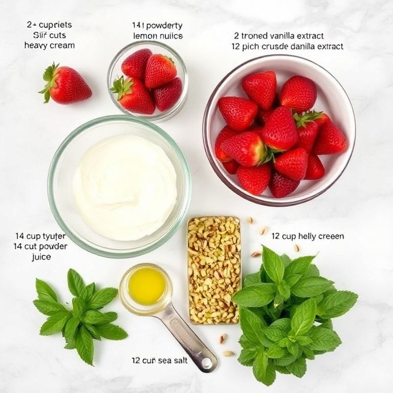 Fresh strawberries, heavy cream, powdered sugar, lemon juice, vanilla, mint, pistachios