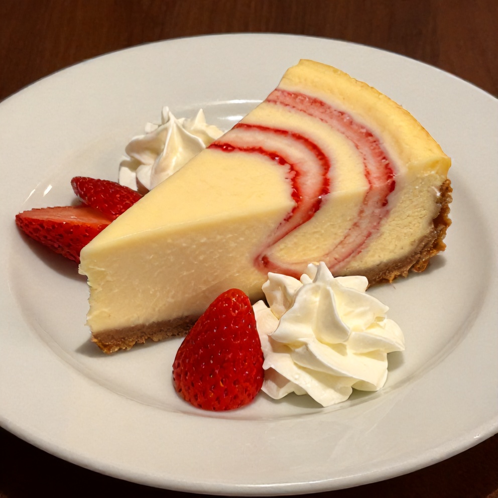 Sliced Creamy Strawberry Swirl Cheesecake
