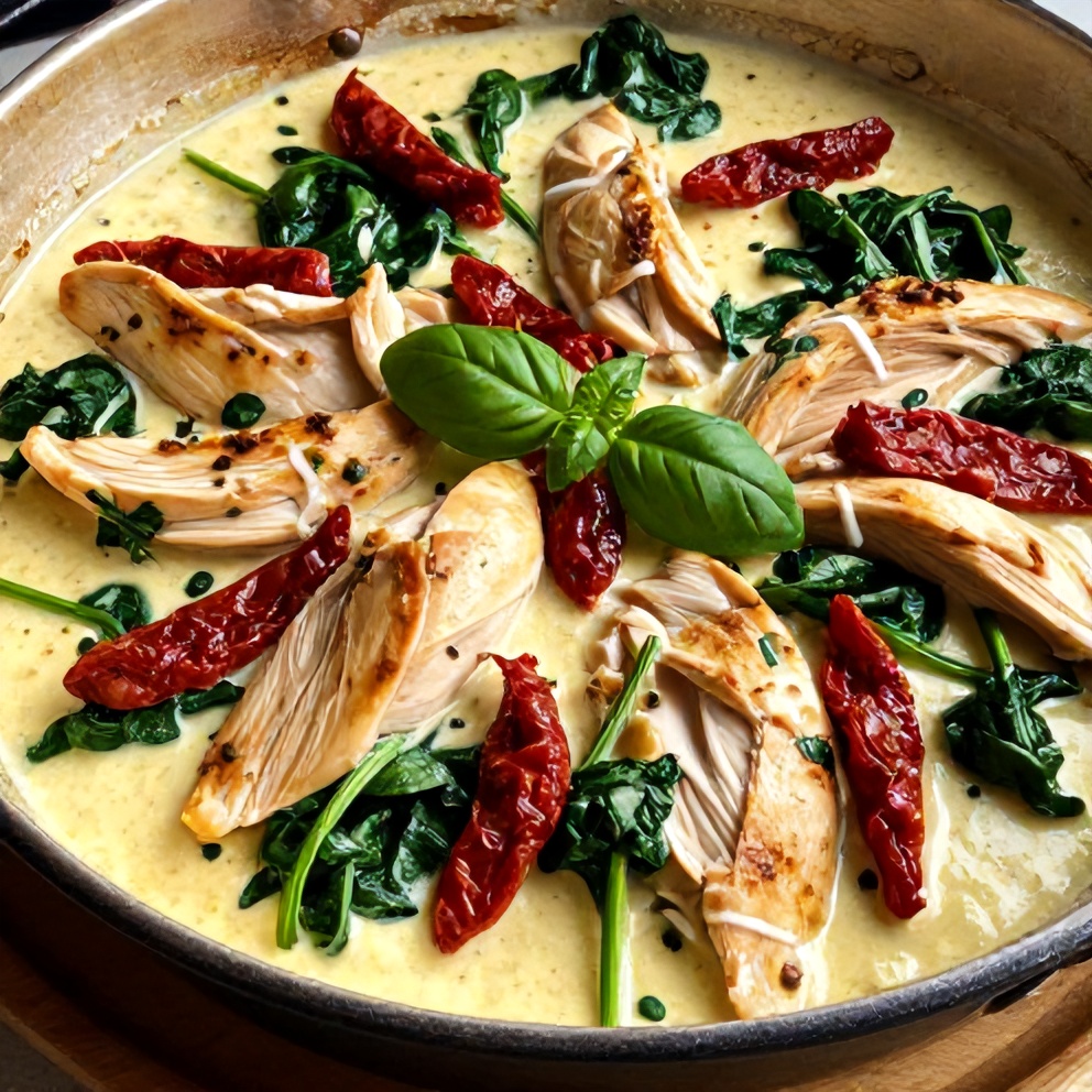 Finished Creamy Sun-Dried Tomato Chicken Skillet with Spinach