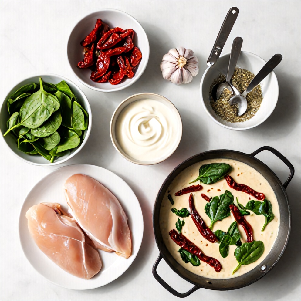 Raw Ingredients for Creamy Sun-Dried Tomato Chicken Skillet with Spinach