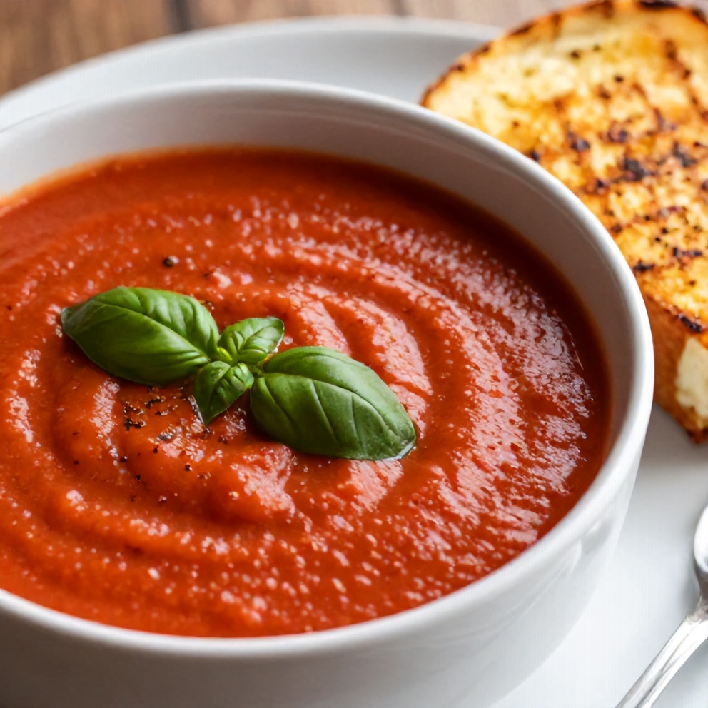 Bowl of creamy tomato soup with a sprinkle of basil and a side of grilled cheese