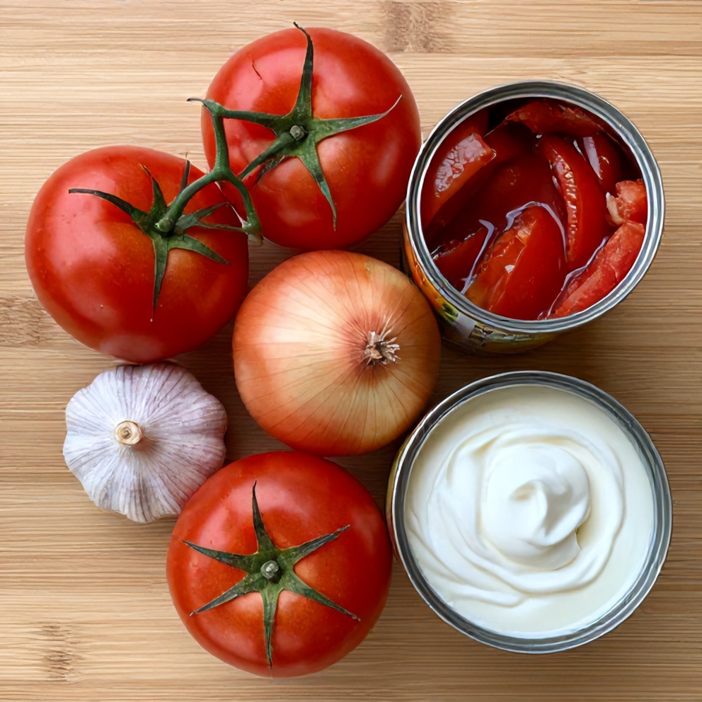 Fresh tomatoes, garlic, onion, canned tomatoes, and heavy cream on a wooden surface