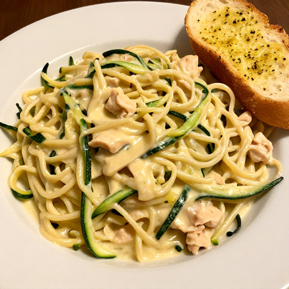 Plated Zucchini Noodle Chicken Alfredo with a side of garlic bread