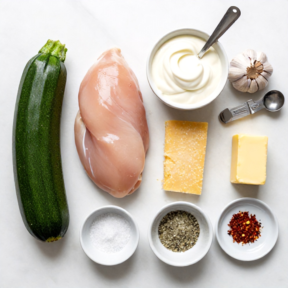 Raw ingredients for Zucchini Noodle Chicken Alfredo on a marble surface