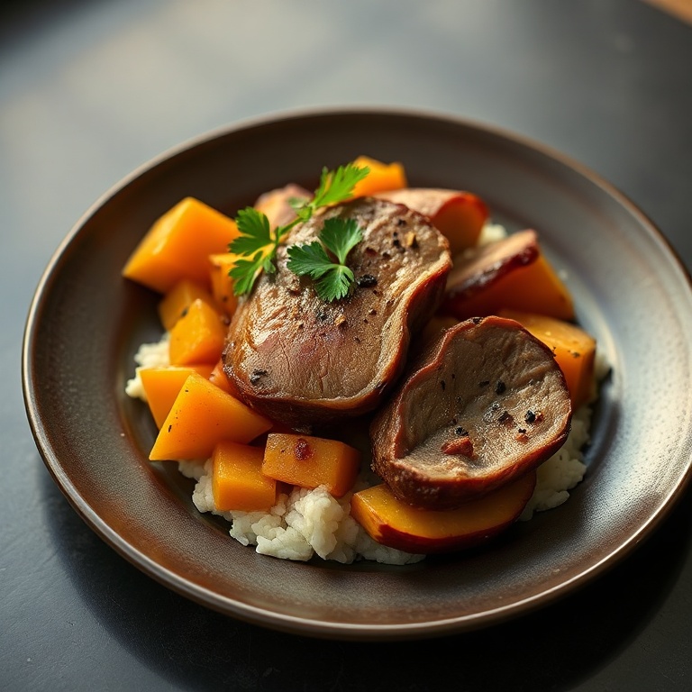 Perfect plate of Apple Cider Pork with sweet potatoes. Cilantro garnish. Dark ceramic plate. Warm side lighting. Photorealistic food photography.