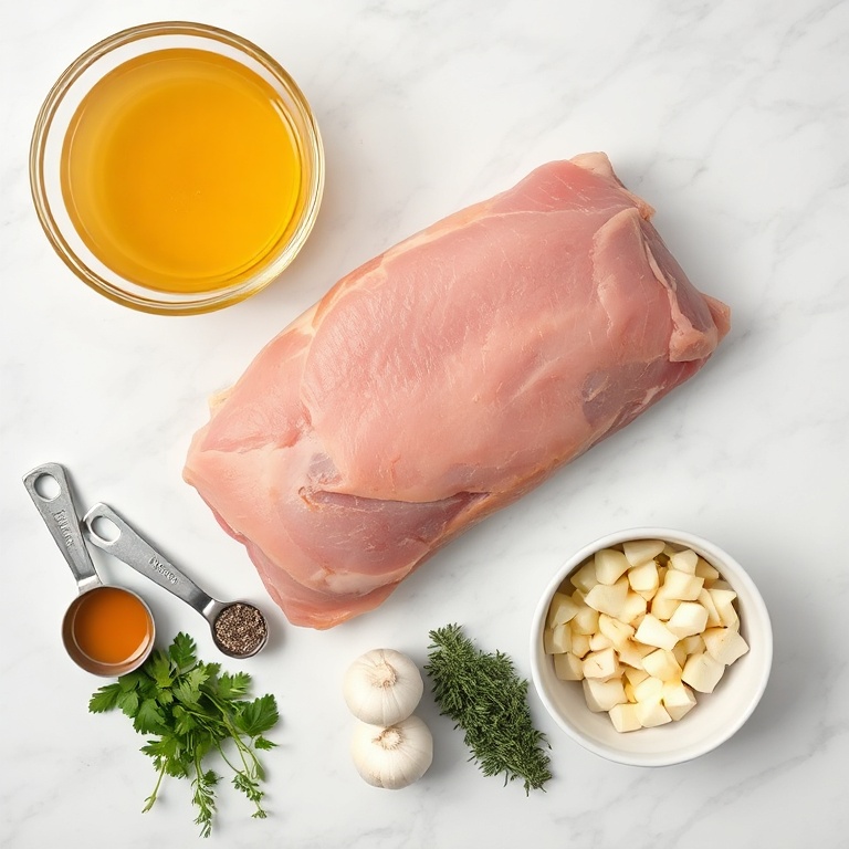 Raw pork, apple cider, sweet potatoes, onions, garlic, herbs. Measuring spoons and bowls on white marble surface. Bright even light. Photorealistic food photography.