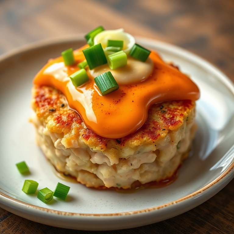 Tuna cake served on a plate. Topped with spicy mayo and green onions. Glistening sauce and crispy texture visible.