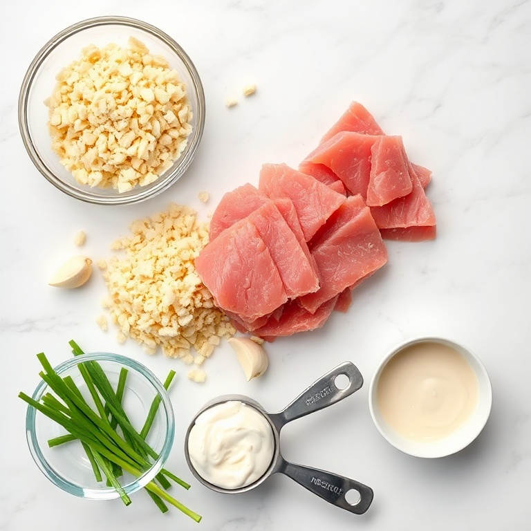 Raw tuna, breadcrumbs, green onions, garlic, and mayonnaise arranged in a flat lay. Measuring spoons and bowls nearby.