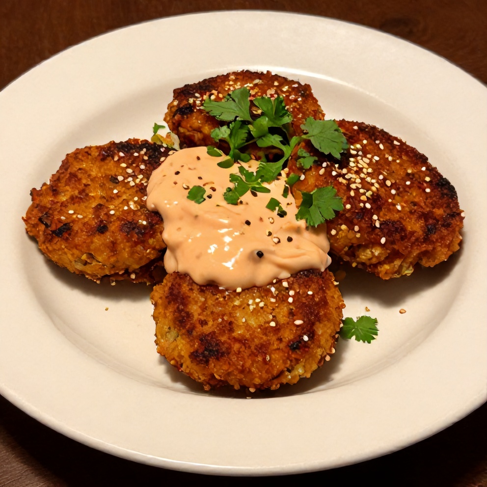 Plated Asian Tuna Cakes with Spicy Sriracha Aioli