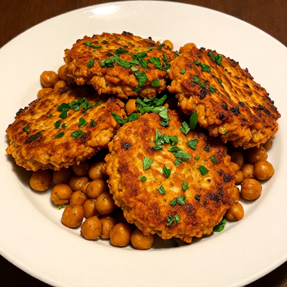 Plated Crispy Baked Chickpea Patties with fresh herbs