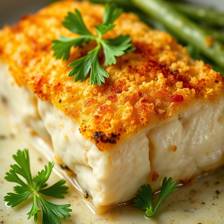 Crispy Baked Cod with Parmesan and Garlic Crust. Topped with fresh parsley. Close crop shows texture and flavor.