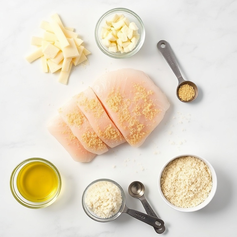 All raw ingredients for Crispy Baked Cod with Parmesan and Garlic Crust. Cod fillets, Parmesan, garlic, breadcrumbs, and olive oil.