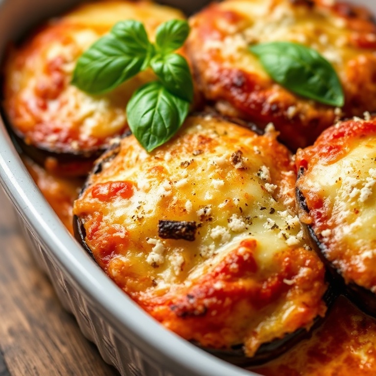 Crispy Baked Eggplant Parmesan in a ceramic dish. Fresh basil and Parmesan on top. Close-up of golden crust and melty cheese.
