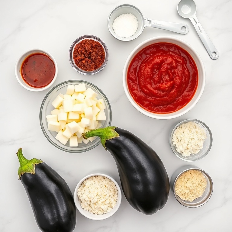 Fresh eggplants, marinara sauce, mozzarella cheese, breadcrumbs, and Parmesan. Measuring cups and bowls on a white marble surface.