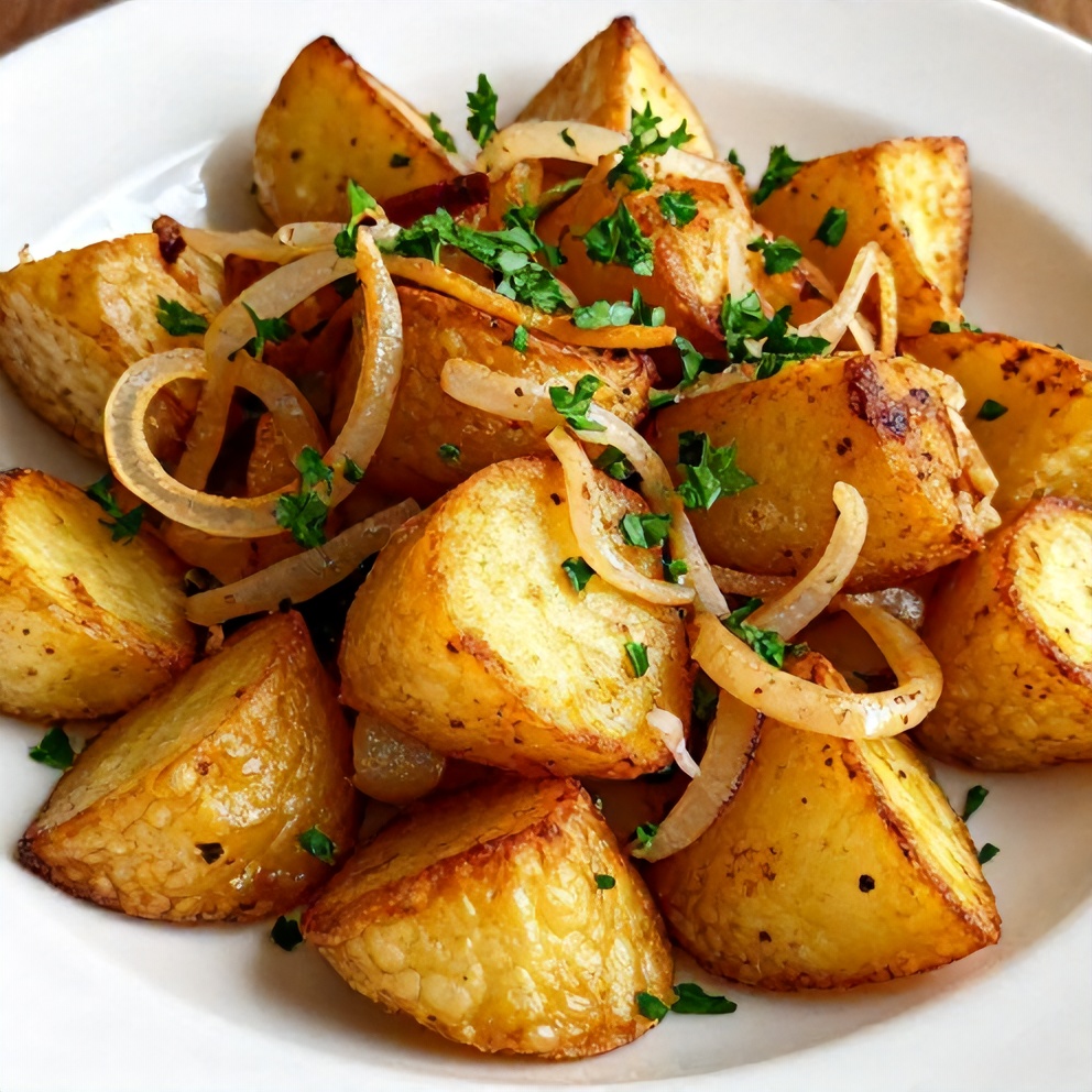 Crispy Breakfast Potatoes with Onions plated on a white dish, garnished with fresh parsley.
