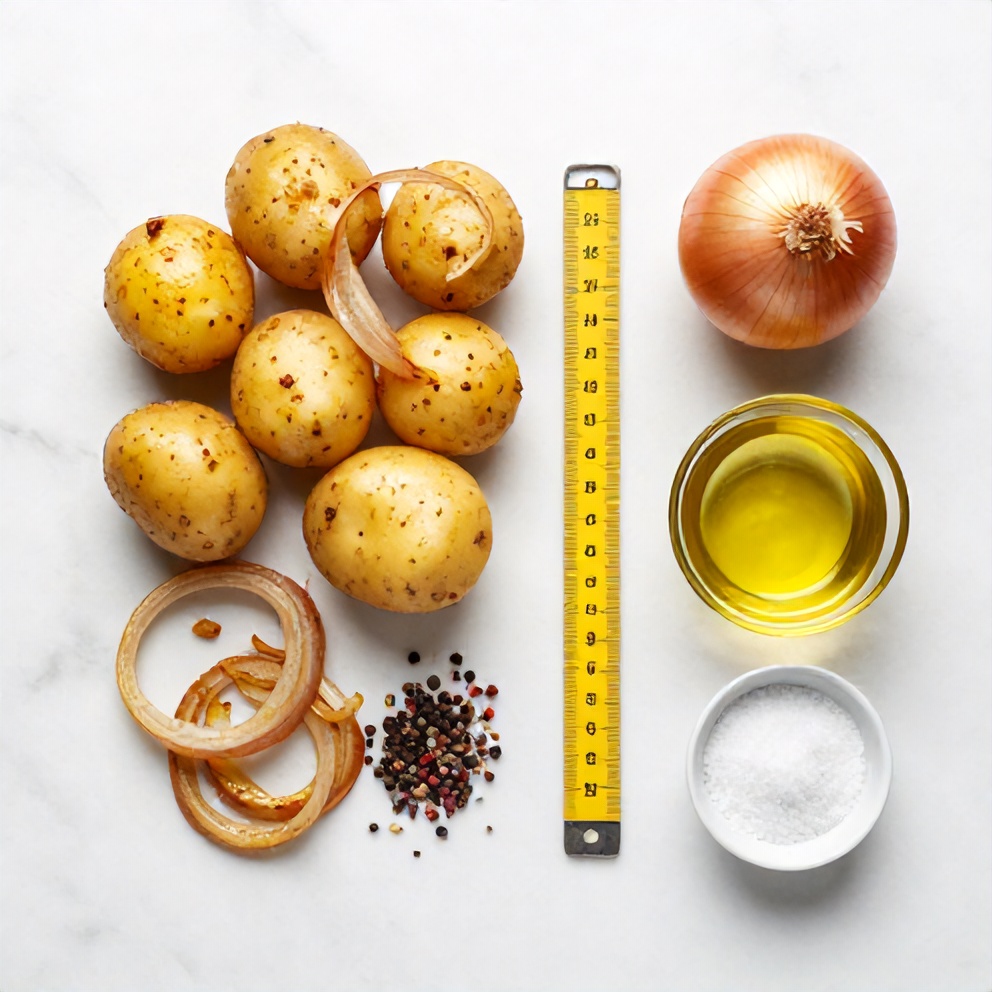 Raw ingredients for Crispy Breakfast Potatoes with Onions. Potatoes, onions, oil, salt, and pepper arranged in a flat lay with measuring tools.