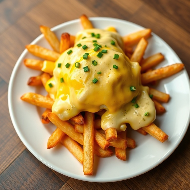 Perfect plated serving of crispy breakfast poutine with golden fries, melted cheddar, and creamy hollandaise. Garnished with fresh chives on a white ceramic plate.