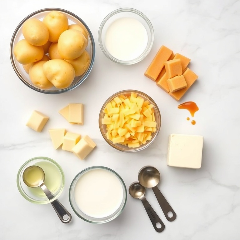 Raw ingredients for crispy breakfast poutine: potatoes, cheddar cheese, eggs, butter, milk, flour, and paprika arranged in an overhead flat lay with measuring cups and bowls.