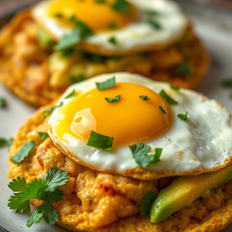 Crispy Breakfast Tostadas with eggs and avocado, garnished with cilantro and lime.