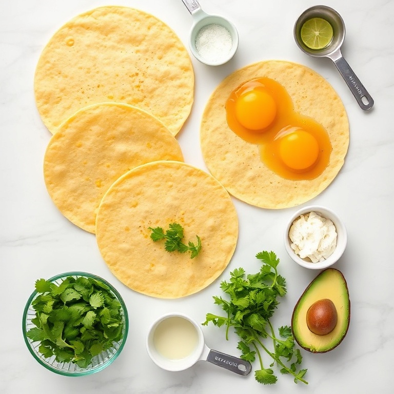 Tortillas, eggs, avocado, cilantro, lime, and cheese arranged in a flat lay.