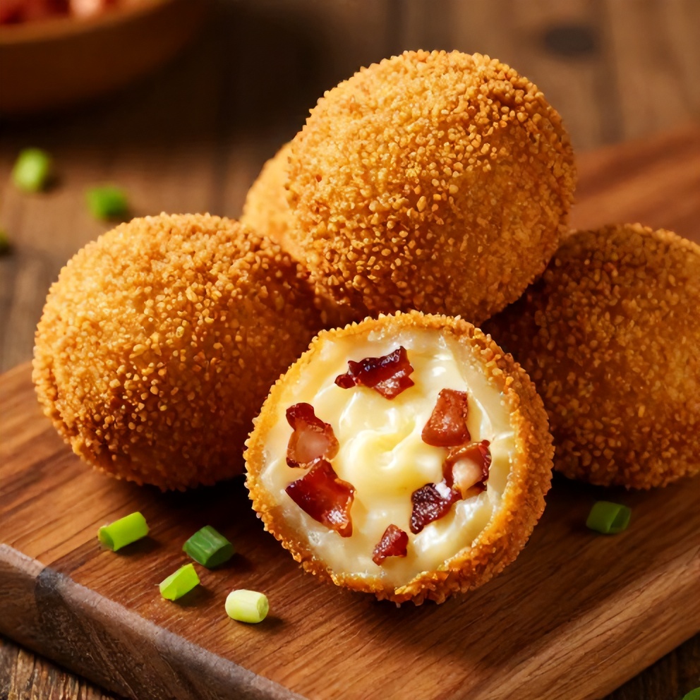 Plated Buffalo Chicken Bacon Mozzarella Bombs on a rustic wooden board
