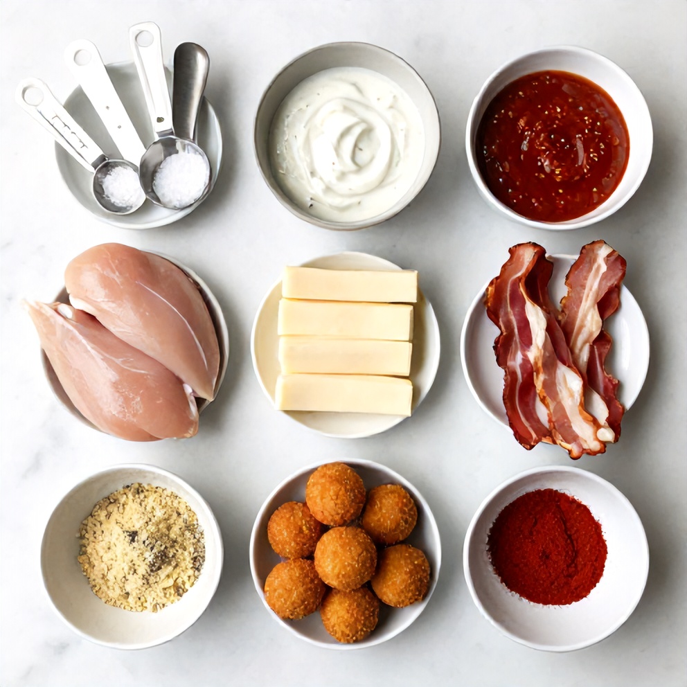 Raw ingredients for Buffalo Chicken Bacon Mozzarella Bombs on a white marble surface