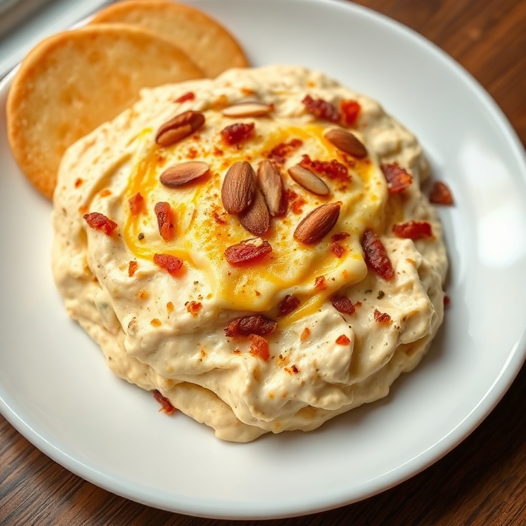 Crispy Cheddar Bacon Dip on a white plate. Sprinkled with almonds. Warm light highlights texture. Plate edge visible.