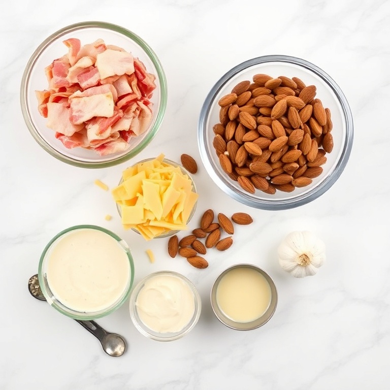 Raw ingredients for Crispy Cheddar Bacon Dip. Bacon, cheddar, almonds, cream of mushroom soup, and garlic. Measuring spoons and bowls nearby.