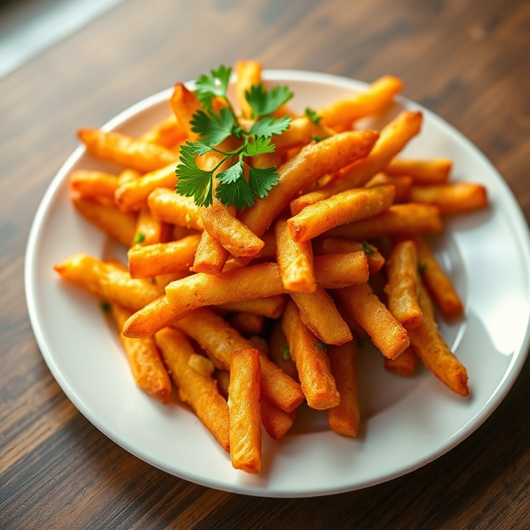 One perfect serving of Crispy Cheesy Cajun Voodoo Fries. Topped with fresh parsley. Served on a white ceramic plate. Warm side light shows texture. Photorealistic food photography style.