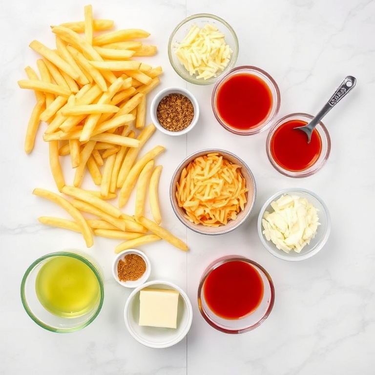 Raw ingredients for Crispy Cheesy Cajun Voodoo Fries arranged in a flat lay. Fries, cheddar cheese, Cajun seasoning, butter, and hot sauce clearly visible. Prep bowls, measuring spoons, and cups in view. White marble surface under bright even light.