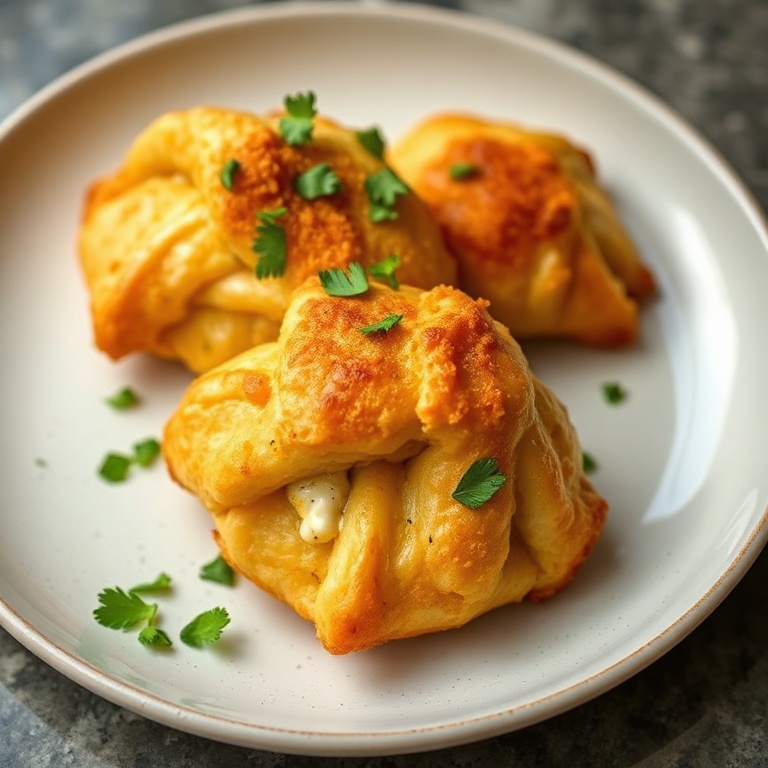 One perfect plated serving of Crispy Cheesy Chicken Crescents. Garnished with fresh herbs. Close crop, food fills 90% of frame. Describe the plate, bowl, or surface appropriate for this dish. Warm side lighting highlighting texture.