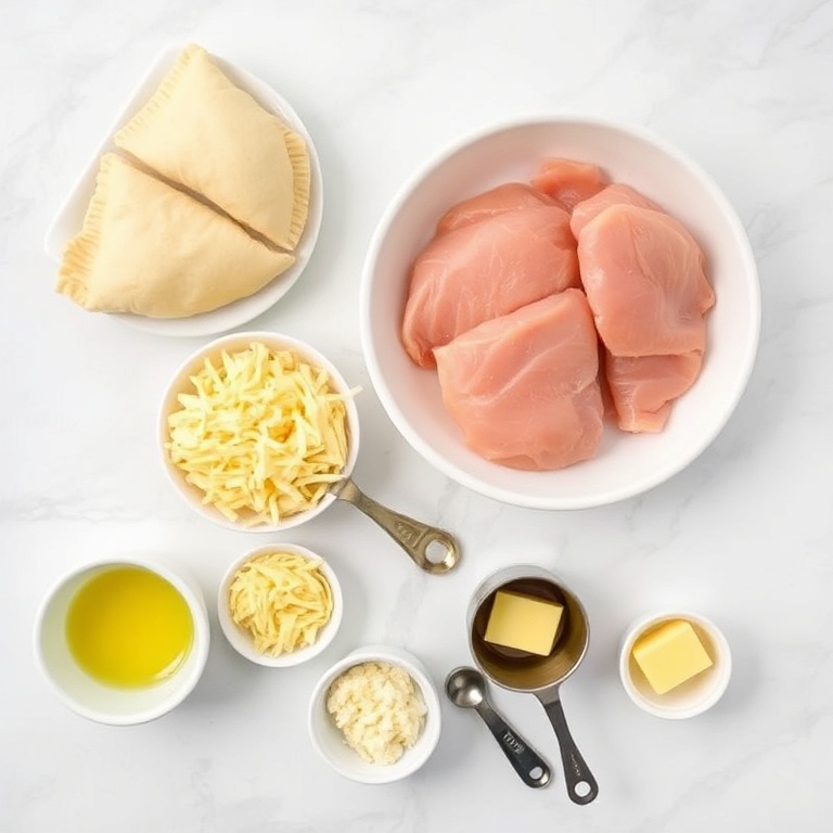 Raw ingredients for Crispy Cheesy Chicken Crescents arranged as an overhead flat lay. Chicken, crescent dough, cheese, garlic, and butter visible. Small prep bowls, measuring spoons, and measuring cups nearby. White marble surface. Bright even natural light, no harsh shadows.